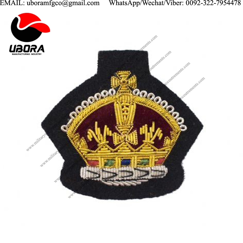 Blazer badge king s crown gold on black 57mm work, cheap price bullion badges supplier, hand 